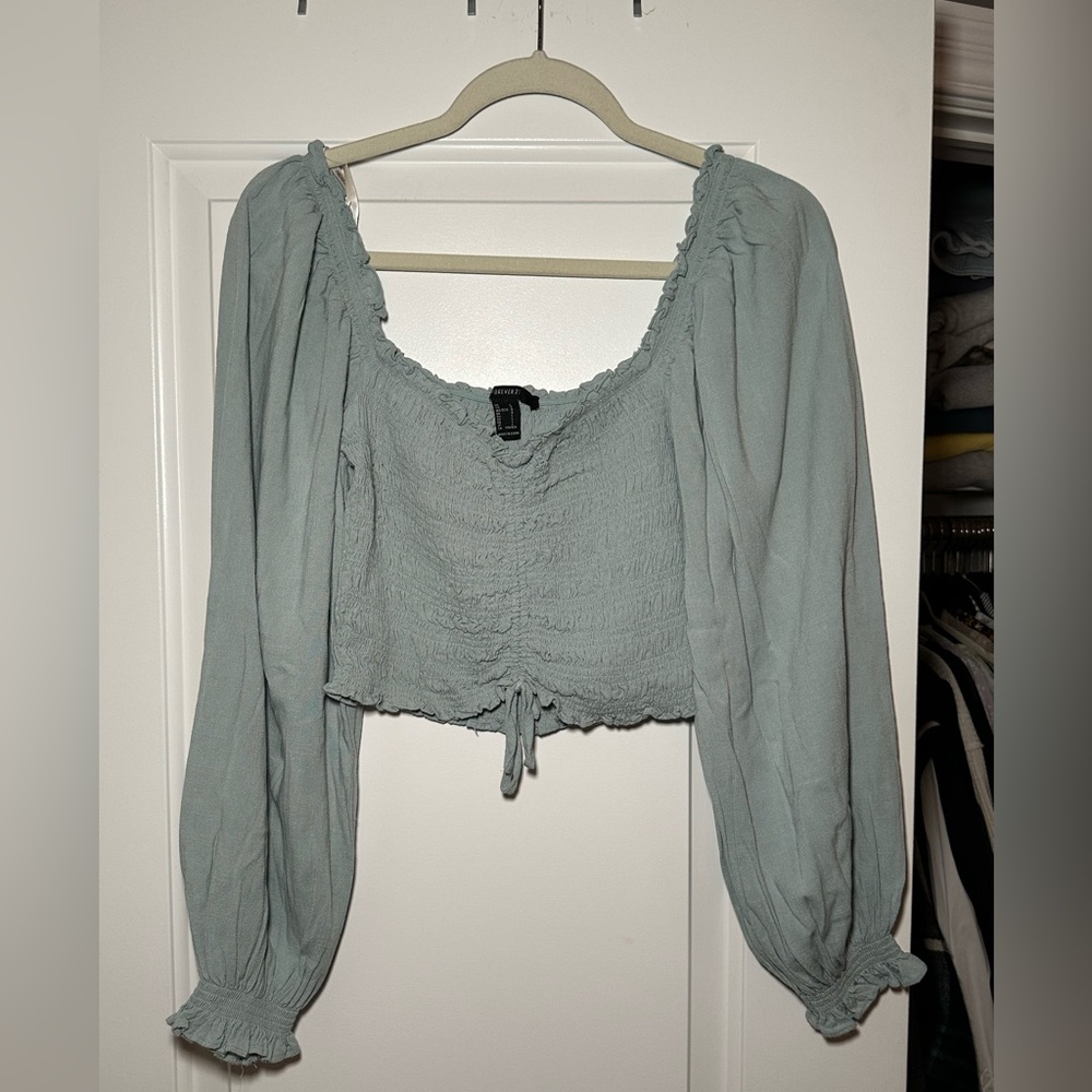Forever 21 Seafoam Green Puff Sleeve Crop Blouse